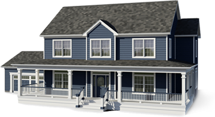 3D illustration of a two-story house with blue vinyl siding